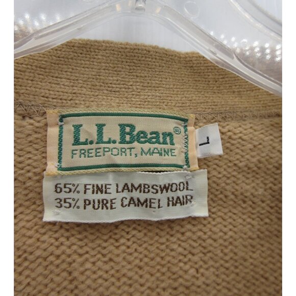 VINTAGE LL Bean Sweater Large 80s Lambswool Camel Leather Cardigan USA - Picture 12 of 14